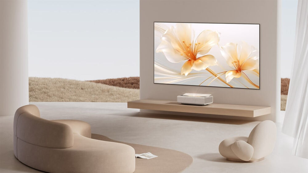 Ekran projekcyjny XGIMI UST ALR 100 cali montaż na ścianie format 16:9, ekran projekcyjny zawieszony na ścianie w pomieszczeniu