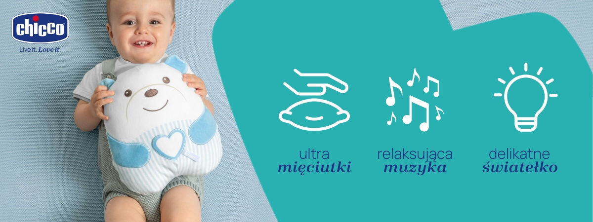 Maskotka CHICCO First Dreams Misiek Brzuszek 00012266200000 Niebieski dziecko trzymające misia napisy ultra mięciutki relaksująca muzyka delikatne światełko