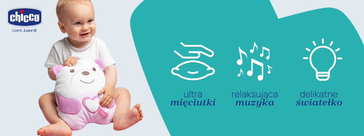 Maskotka CHICCO First Dreams Misiek Brzuszek 00012266100000 Różowy dziecko trzymające misia napisy ultra mięciutki relaksująca muzyka delikatne światełko