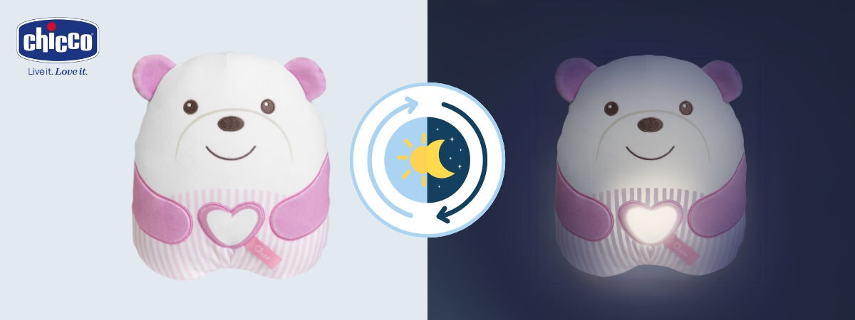 Maskotka CHICCO First Dreams Misiek Brzuszek 00012266100000 Różowy włączone światełko na brzuchu lampka nocna delikatne światło