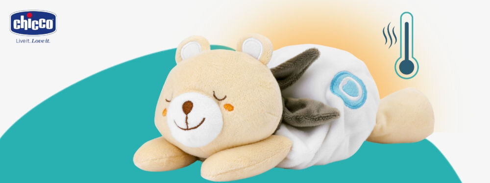 Termofor CHICCO My Sweet DouDou Miś 00012160000000
					przytulanka i termofor, łączy funkcję termofora i przytulanki, wypełniony hipoalergiczną solą,
					wykonany z miękkiego weluru, biało-turkusowe tło, produkt, ikona termometru, logo producenta