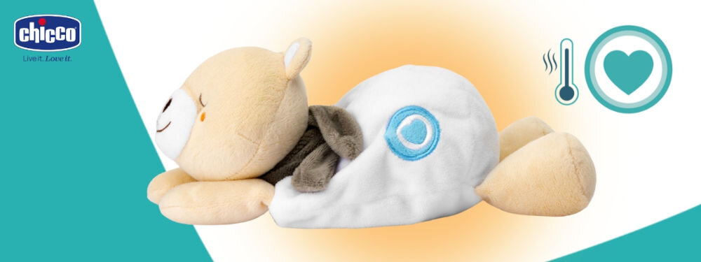 Termofor CHICCO My Sweet DouDou Miś 00012160000000
					miękki i przyjazny w dotyku, komfortowy i bezpieczny w użytkowaniu, wykonany z wysokiej jakości weluru,
					biało-turkusowe tło, produkt od boku, ikona termometru, ikona serca, logo producenta