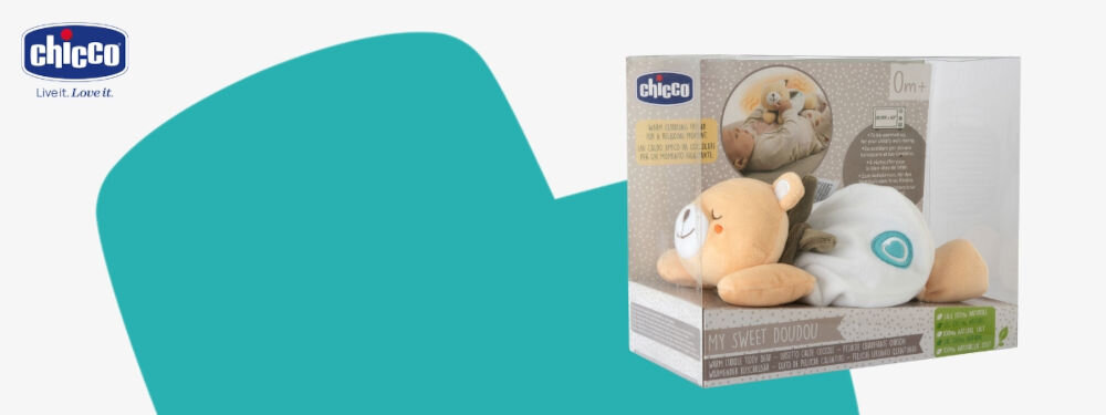 Termofor CHICCO My Sweet DouDou Miś 00012160000000
					marka z doświadczeniem i długoletnią tradycją, która oferuje rozwiązania, które nie tylko bawią, 
					ale także wspierają rozwój dziecka i upraszczają codzienne życie, biało-turkusowe tło, 
					produkt w pudełku, logo producenta