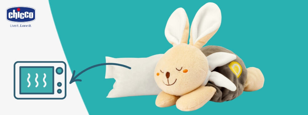 Termofor CHICCO My Sweet DouDou Króliczek 00012161000000
					kojące ciepło dla maluszka, możliwość wielokrotnego podgrzewania woreczka z solą, ergonomiczny kształt, subtelny ciężar ok. 0,59 kg, ciepło utrzymuje się przez około 1 godzinę,
					biało-turkusowe tło, produkt, woreczek z solą, ikona mikrofali, logo producenta