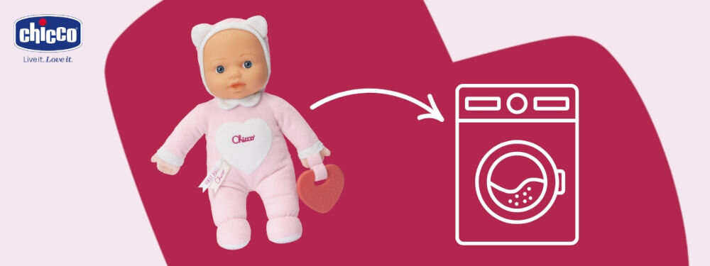 Lalka CHICCO My First Doll 00012117000000
możliwość prania w pralce, praktyczna zabawka, nadaje się do prania w pralce, wygodne rozwiązanie,
różowo-czerwone tło, produkt, obrazek symbolizujący pralkę, logo producenta