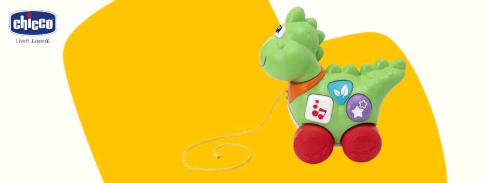 Zabawka interaktywna CHICCO Baby Sense & Focus Mój pierwszy Dino 00012119000000 biało żółte tło zielony dinozaur czerwone kółka sznurek przyciski urocza i edukacyjna zabawka wiele radosnych chwil kolorowe przyciski wesoła melodia dźwięki zachęcanie do aktywnej zabawy rozwój motoryczny i zdolności poznawcze sympatyczny design dinozaura intuicyjna obsługa towarzysz pierwszych przygód dziecka dwie bateria AA