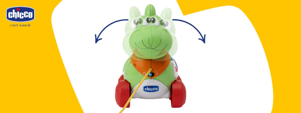 Zabawka interaktywna CHICCO Baby Sense & Focus Mój pierwszy Dino 00012119000000 biało żółte tło zielony dinozaur czerwone kółka obracająca się głowa strzałki jego głowa zaczyna się kołysać realistyczna i dynamiczna zabawa dodaje zabawie emocji bardziej interaktywna zabawka długotrwała kreatywna zabawa