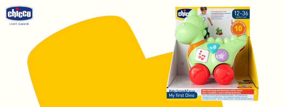 Zabawka interaktywna CHICCO Baby Sense & Focus Mój pierwszy Dino 00012119000000 biało żółte tło opakowanie zielony dinozaur kolorowe przyciski czerwone kółka marka z tradycją i doświadczeniem rodzice czują się pewni w swojej roli zabawa wsparcie rozwoju dziecka ułatwienie codziennego życia