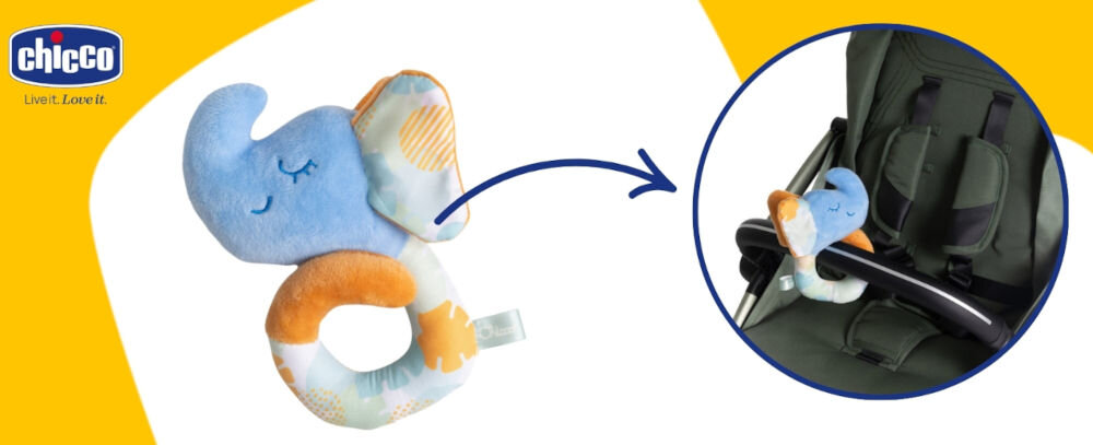 Grzechotka CHICCO Sense & Focus Słonik 00012206000000
wygoda w każdej sytuacji, grzechotka w formie bransoletki, praktyczne rozwiązanie dla rodziców i dzieci,
produkt na biało-żółtym tle, logo producenta, koło z grzechotką przypiętą do wózka
