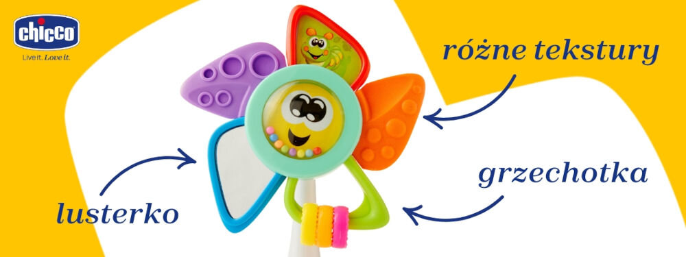 Zabawka edukacyjna CHICCO Baby Senses Kolorowy wiatraczek 00009710000000 biało żółte tło zbliżenie kolorowa zabawka przedstawione elementy lusterko grzechotka tekstury Efekt młyna obracające się elementy Lusterko rozwijanie samopoczucia świadomości własnego odbicia grzechoczące pierścienie bodźce sensoryczne uczą zależności przyczynowo-skutkowych