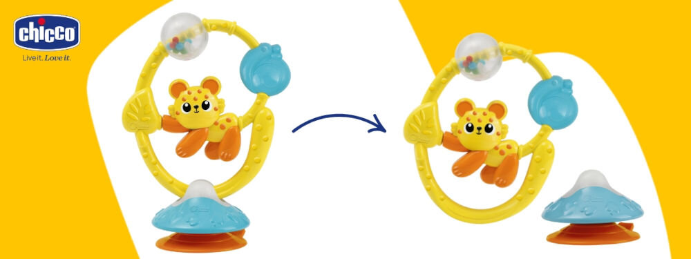 Grzechotka CHICCO Baby Sense & Focus Przyjaciel z dżungli 2w1 00011820000000 biało żółte tło kolorowa zabawka przekształcanie w grzechotkę 2w1 zabawka na krzesełko grzechotka Zdejmowana podstawa z mocną przyssawką o krzesełka do karmienia łatwe przekształcenie jej w grzechotkę Solidna przyssawka stabilnie przylega do blatu bezpieczna komfortowa zabawa bezpieczne materiały Przyjemna w dotyku struktura tworzywa różne faktury w pełni bezpieczne