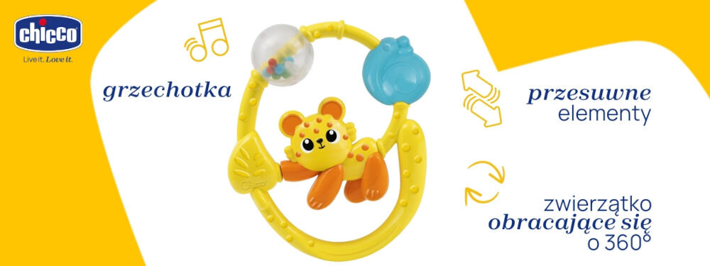 Grzechotka CHICCO Baby Sense & Focus Przyjaciel z dżungli 2w1 00011820000000 biało żółte tło lew kuleczki w piłce różnorodne elementy interaktywne wspiera rozwój zdolności manualnych stymulacja zmysłów dotyku słuchu i wzroku eksperymentowanie odkrywanie zależności przyczynowo-skutkowych ćwiczenie precyzyjnych ruchów