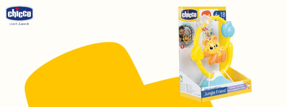 Grzechotka CHICCO Baby Sense & Focus Przyjaciel z dżungli 2w1 00011820000000 biało żółte tło zabawka w kartoniku marka z tradycją i doświadczeniem czuli się pewnie w swojej roli bawią wspierają rozwój dziecka ułatwiają codzienne życie