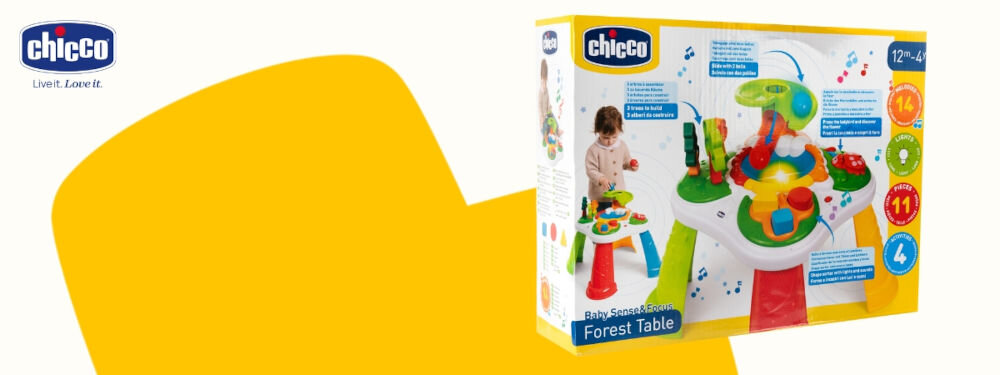 Zabawka interaktywna CHICCO Baby Sense & Focus Stolik Leśni Przyjaciele 00012164000000 biało żółte tło zjeżdżalnia kulka biedronka klocki drzewka obok leżą kolorowe elementy zestawu marka z tradycją i doświadczeniem rodzice czują się pewni w swojej roli zabawa wsparcie rozwoju dziecka ułatwienie codziennego życia