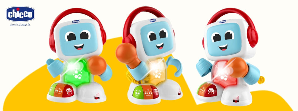 Zabawka edukacyjna CHICCO Happy Music Śpiewający robot Robit 00011853000000 biało żółte tło robot trzy różne kolory brzuszka zabawki zielony żółty czerwony kolorowe przyciski rozwesela maluchy muzyka różne efekty głosowe trzy przyciski zmiana głosu na kosmitę robota potwora rozwój wyobraźni gwiazda estrady