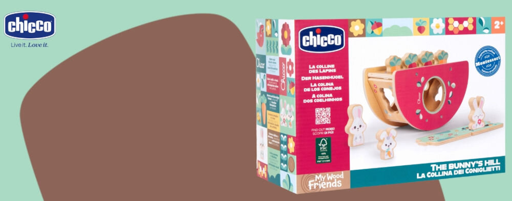 Zabawka CHICCO My Wood Friends Drewniane wzgórze króliczków 00012195000000
marka z doświadczeniem i długoletnią tradycją, która oferuje rozwiązania, które nie tylko bawią,
ale także wspierają rozwój dziecka i upraszczają codzienne życie,
brązowo-zielone tło, opakowanie produktu