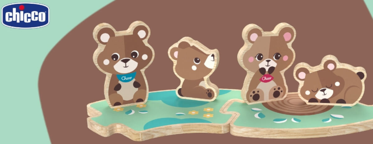 Zabawka CHICCO My Wood Friends Drewniana rodzinka 2 Niedźwiadki Zestaw Mama 00012208400000
drewniane figurki, widoczne na bokach figur naturalne warstwy drewna, pomoc w budowaniu więzi z otoczeniem,
zielono-brązowe tło, zabawki, logo producenta