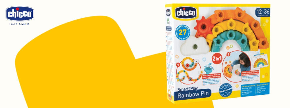Zabawka edukacyjna CHICCO Smart2Play Kolorowe Pinezki Tęcza 00012198000000 biało żółte tło opakowanie na opakowaniu ilustracja kolorowej zabawki tęczy kreatywna zabawka edukacyjna dla dzieci w wieku 12-36 miesięcy rozwija rozwój motoryki logiczne myślenie kreatywność 27 elementów wpinki tęczowe łuki chmurka słońce torba do przechowywania układanie elementów rozwijanie koordynacji ręka-oko korzystanie z kart edukacyjnych bezpieczna, angażująca zabawa