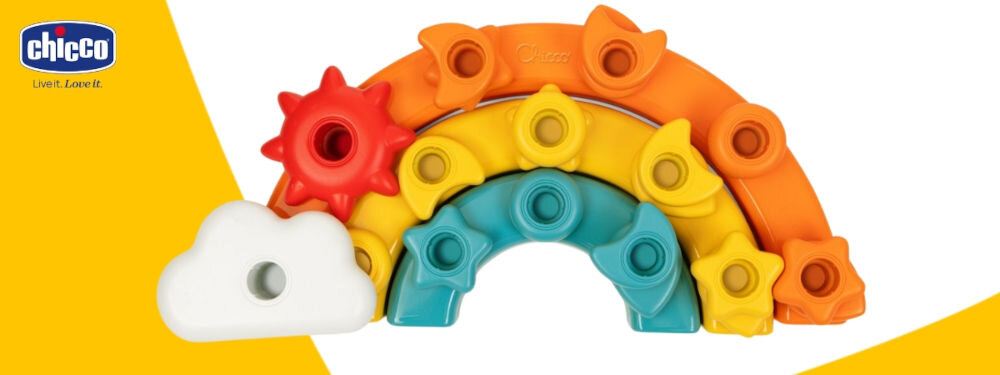 Zabawka edukacyjna CHICCO Smart2Play Kolorowe Pinezki Tęcza 00012198000000 biało żółte tło ułożona kolorowa tęcza ze słońcem i chmurką bezpieczeństwo maluchów wolna od farb w pełni bezpieczna w użytkowaniu łatwe trzymanie manipulowanie elementami rozwój zdolności manualnych precyzyjne ruchy rączek