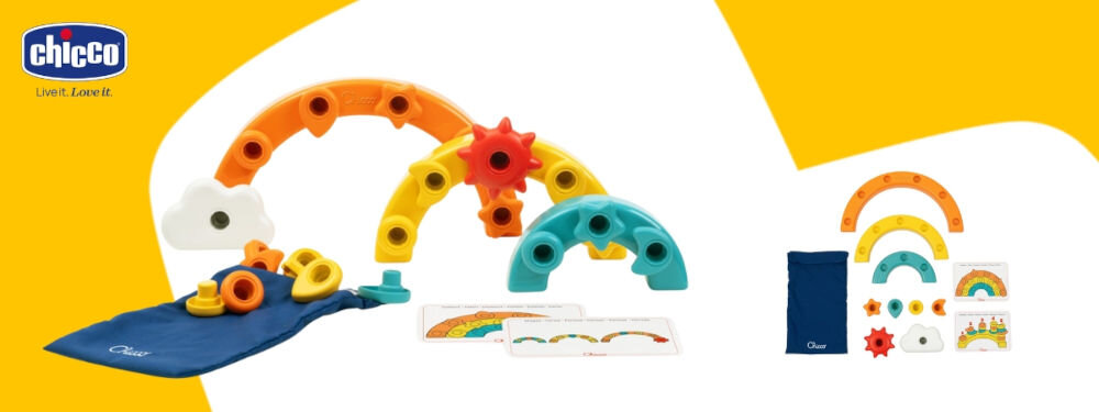Zabawka edukacyjna CHICCO Smart2Play Kolorowe Pinezki Tęcza 00012198000000 biało żółte tło zbudowana kolorowa tęcza woreczek karty edukacyjne kolorowe elementy przyjemne z pożytecznym karty edukacyjne nauka podstawowych pojęć kolory, liczby i kształty wsparcie rozwoju logicznego myślenia umiejętności sortowania rozpoznawanie wzorców wpływa na zdolności poznawcze maluchów torba do przechowywania elementów funkcjonalne rozwiązanie zawsze gotowa do użycia bezpiecznie przechowywane elementy