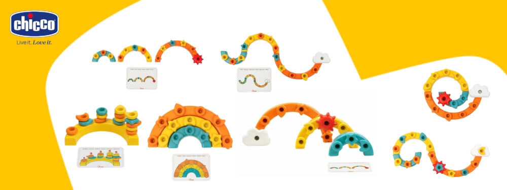 Zabawka edukacyjna CHICCO Smart2Play Kolorowe Pinezki Tęcza 00012198000000 biało żółte tło różne konfiguracje kolorowe elementy tęcza karty z ilustracjami marka z tradycją i doświadczeniem rodzice czują się pewni w swojej roli zabawa wsparcie rozwoju dziecka ułatwienie codziennego życia