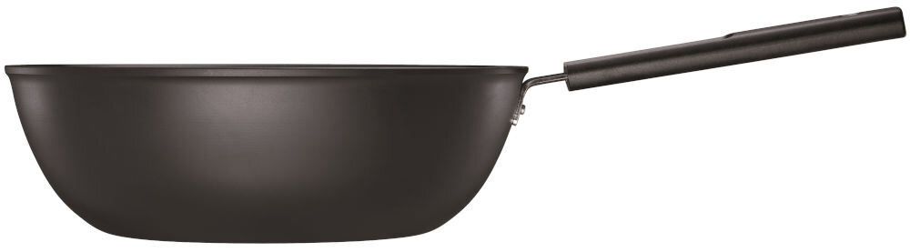 Patelnia wok FISKARS Hard Face 1075523 28 cm białe tło czarna patelnia stoi bokiem rączka Uchwyt z trwałego i wysokiej jakości tworzywa sztucznego komfort użytkowania ergonomiczny kształt pewny stabilny chwyt maksymalne bezpieczeństwo wygoda pracy możliwość używania jej w piekarniku (do 150°C) wszechstronna do smażenia zapiekania potraw