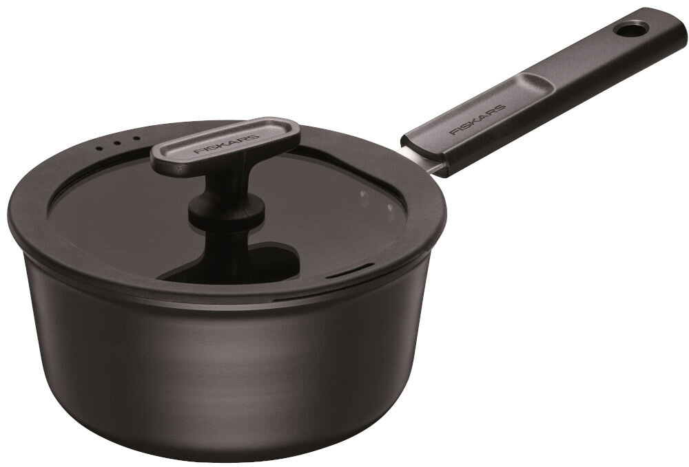 Rondel FISKARS Hard Face 1075524 15 cm białe tło czarny rondel pokrywka uchwyt trwałość ekologiczne podejście z aluminium pochodzącego z recyklingu wysoka przewodność cieplna błyskawicznie równomiernie rozprowadzane ciepło efektywne gotowanie optymalnie przygotowane potrawy