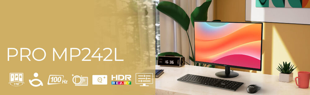 Monitor MSI Pro MP242L 23.8 cala 1920x1080px IPS 100Hz 1 ms [MPRT] prezentacja monitora od przodu na biurku napis z modelem i loga funkcji