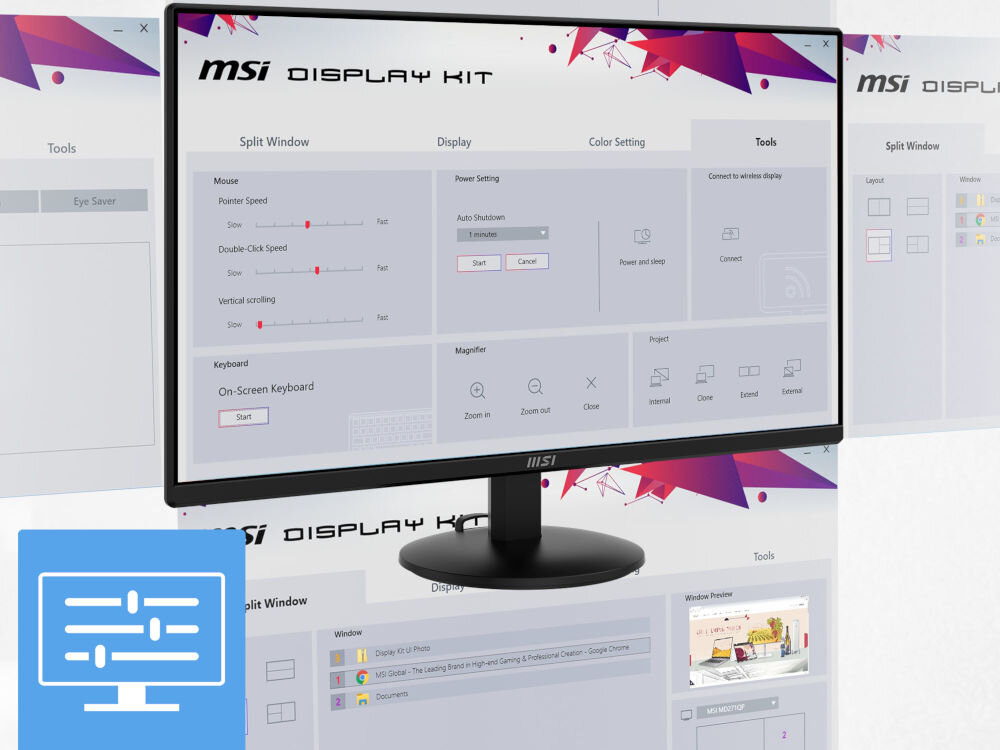 Monitor MSI Pro MP242L 23.8 cala 1920x1080px IPS 100Hz 1 ms [MPRT] prezentacja monitora i jego oprogramowania MSI Display Kit kontrola ustawień upraszcza codzienną pracę podział ekranu wielozadaniowość efektywność pracy na jednym monitorze