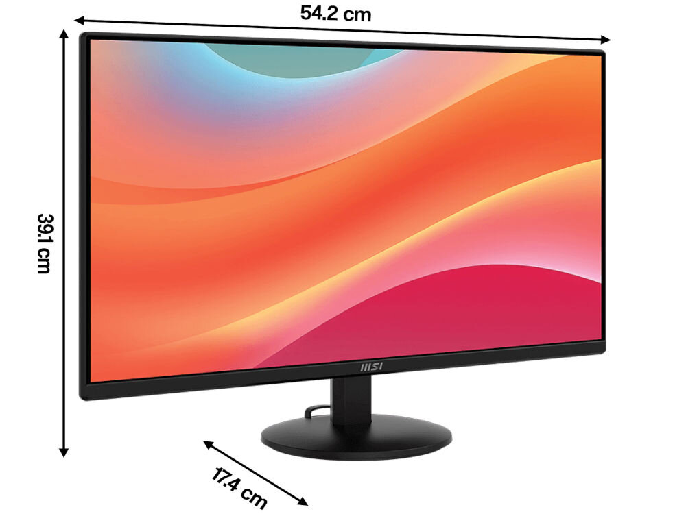 Monitor MSI Pro MP242L 23.8 cala 1920x1080px IPS 100Hz 1 ms [MPRT] prezentacja monitora na białym tle z wymiarami elegancki design stabilność podstawa stabilność