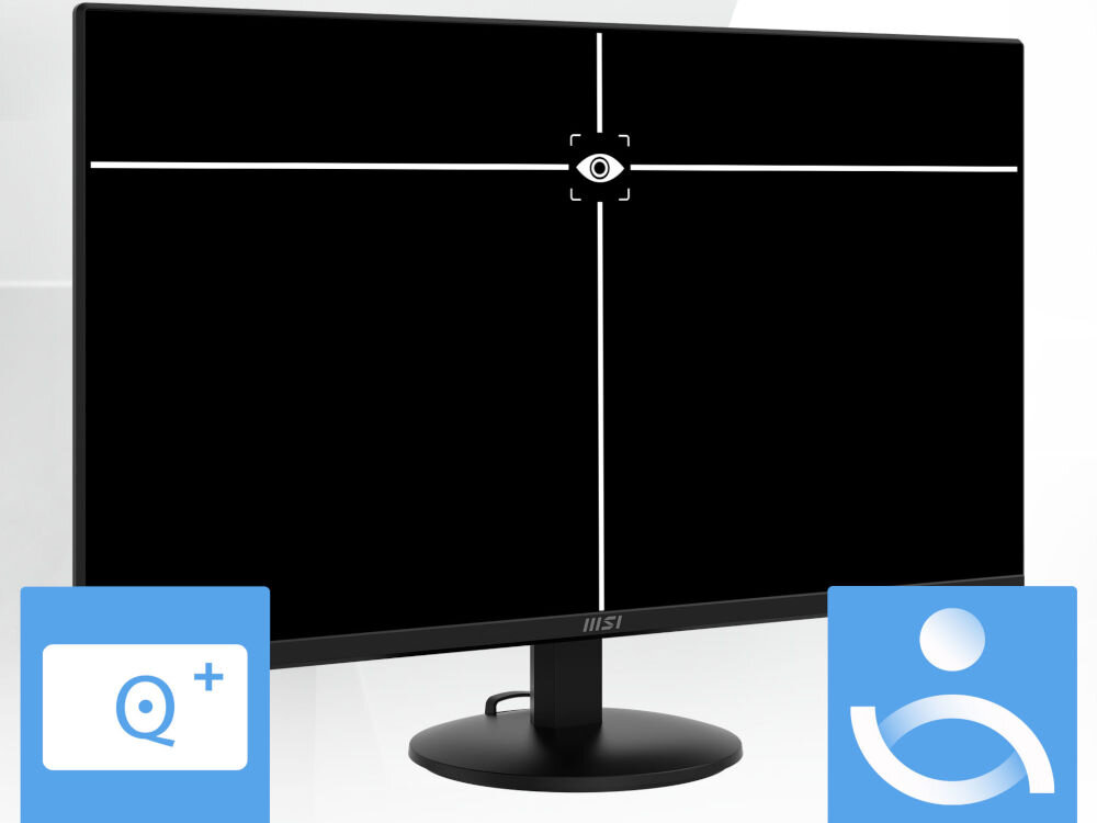 Monitor MSI Pro MP242L 23.8 cala 1920x1080px IPS 100Hz 1 ms [MPRT] prezentacja Eye-Q Check na jasnym tle astygmatyzm siatka Amslera korekcja postawy wykrycie nieprawidłowości redukcja ryzyka przemęczenia