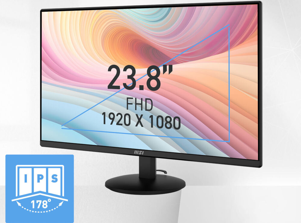 Monitor MSI Pro MP242L 23.8 cala 1920x1080px IPS 100Hz 1 ms [MPRT] prezentacja monitora na szarym tle od przodu pod kątem przekątna rozdzielczość Full HD wygodna praca szerokie kąty widzenia 178° stała jakość obrazu odwzorowanie kolorów komfort podczas pracy