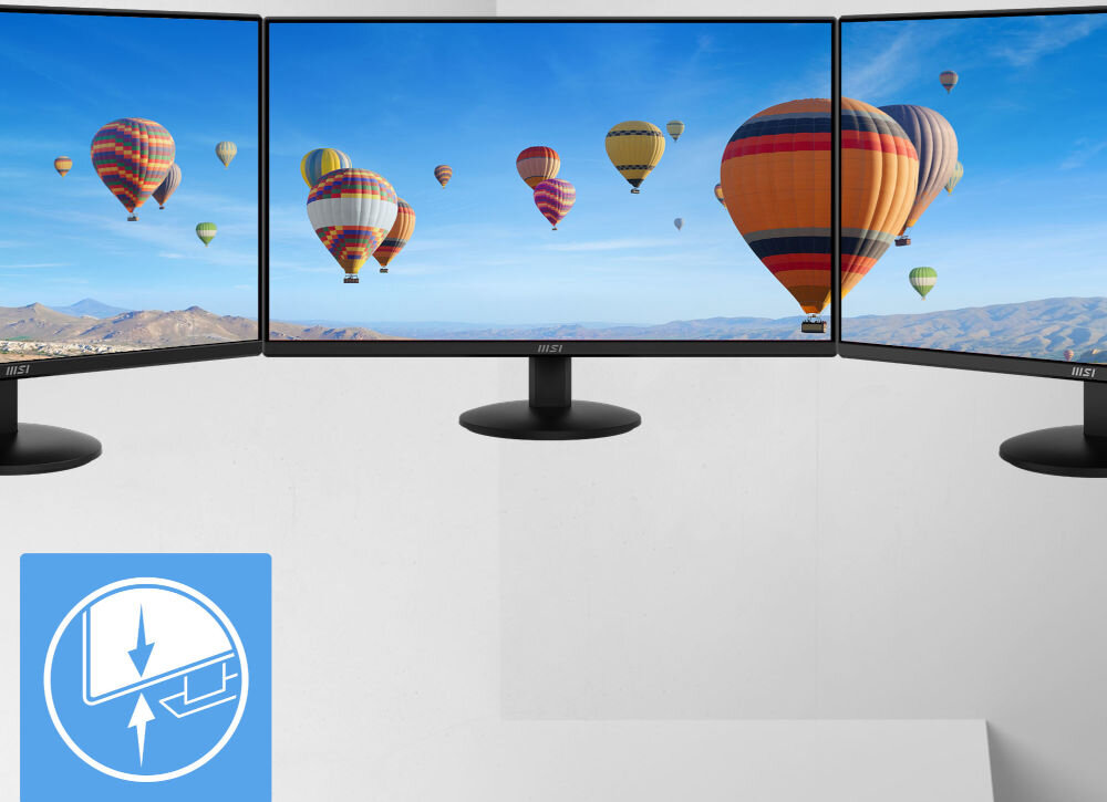 Monitor MSI Pro MP242L 23.8 cala 1920x1080px IPS 100Hz 1 ms [MPRT] prezentacja monitorów postawionych obok siebie na jasnym tle od przodu pod kątem PerfectEdge ekran pozbawiony ramek współczynnik powierzchni ekranu do obudowy 92% ułatwienie pracy z wieloma monitorami komfort użytkowania