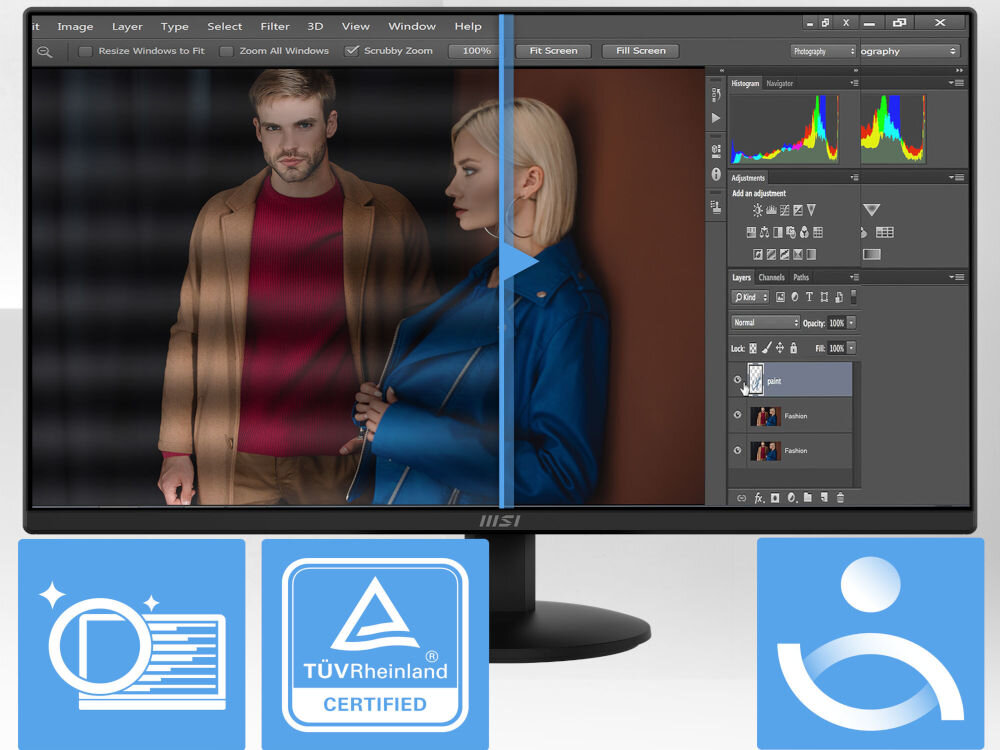 Monitor MSI Pro MP242L 23.8 cala 1920x1080px IPS 100Hz 1 ms [MPRT] porównanie monitora z technologiami chroniącymi wzrok i bez nich na jasnym tle ograniczenie zmęczenia oczu Less Blue Light redukcja światła niebieskiego Anti-flicker redukcja migotania powłoka antyodblaskowa ograniczenie emisji światła niebieskiego certyfikaty TÜV Rheinland