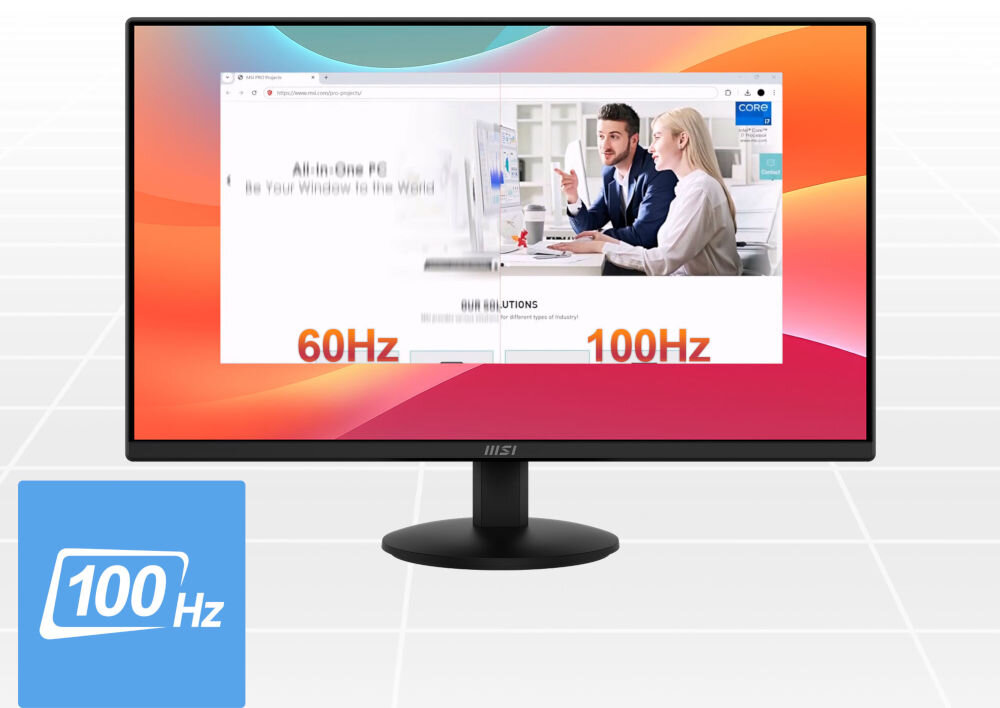 Monitor MSI Pro MP242L 23.8 cala 1920x1080px IPS 100Hz 1 ms [MPRT] prezentacja działania częstotliwości odświeżania na jasnym tle płynne wyświetlanie ruchu praca z treściami generowanymi przez AI efektywność komfort