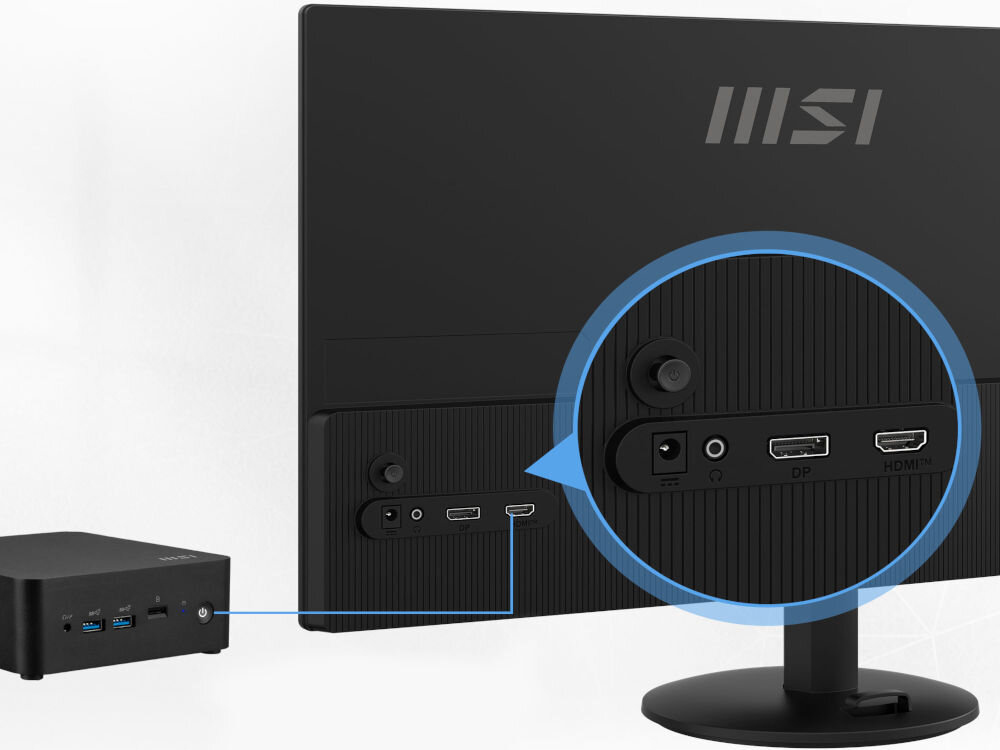 Monitor MSI Pro MP242L 23.8 cala 1920x1080px IPS 100Hz 1 ms [MPRT] prezentacja funkcji MSI Power Link włączanie komputera typu mini-PC MSI z poziomu przycisku zasilania monitora HDMI™ CEC uproszczenie codziennej obsługi uporządkowana przestrzeń