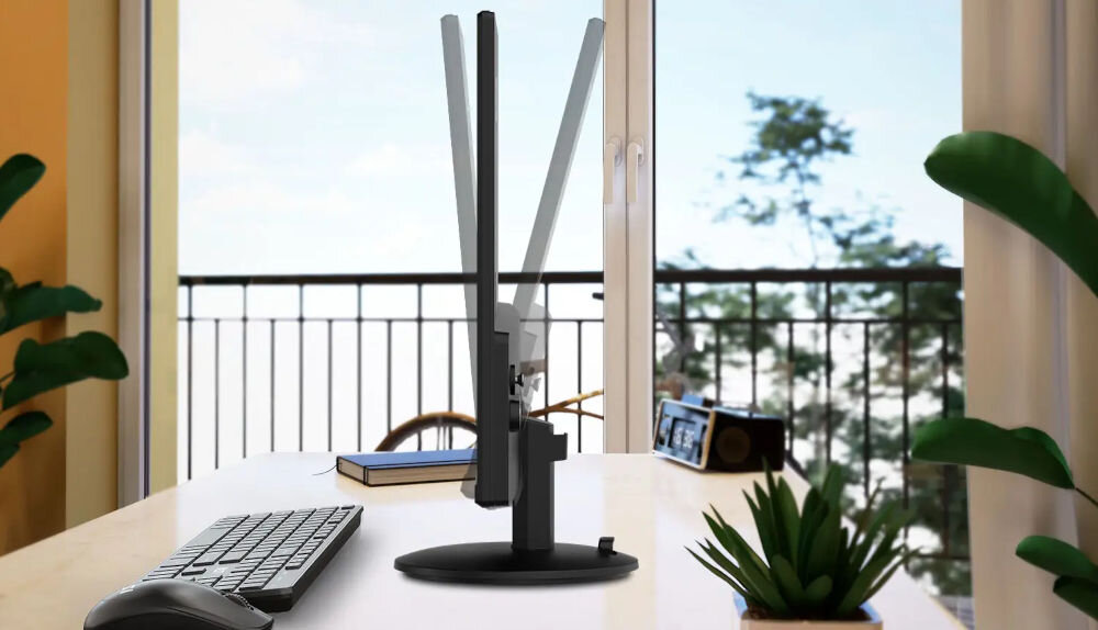 Monitor MSI Pro MP242L 23.8 cala 1920x1080px IPS 100Hz 1 ms [MPRT] prezentacja monitora od boku na biurku w pokoju pokazanie możliwej regulacji regulacja od -3,5° do 21,5° wygoda redukcja zmęczenia