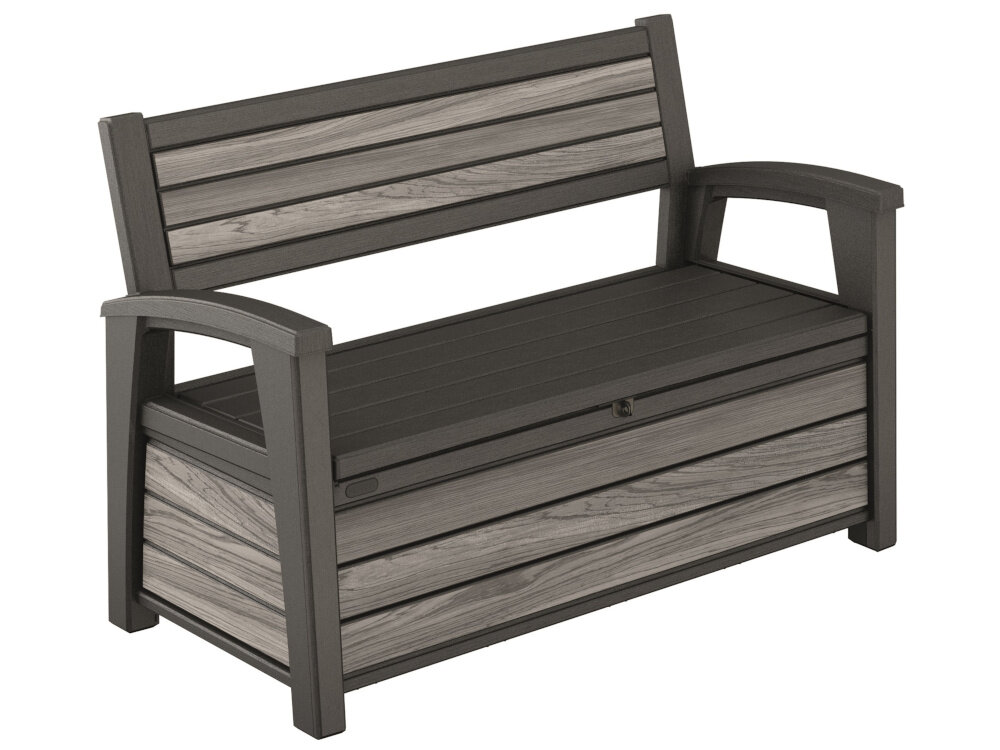 Ławka ogrodowa KETER Deco Garden Bench Szary ławka na białym tle widoczna pod skosem odpoczynek na świeżym powietrzu na ogródek balkon taras mebel ogrodowy przyjemny relaks na świeżym powietrzu w wygodnej pozycji osobista strefa relaksu komfortowy odpoczynek wymiary po zmontowaniu 133 x 61 x 89 cm