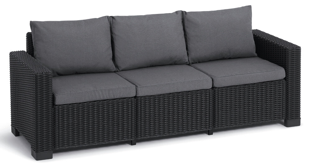 Sofa KETER California Grafit-Jasny-Szary sofa na białym tle niewielkie rozmiary 199 x 68 x 72 cm odpoczynek na świeżym powietrzu obciążenie do 330 kg