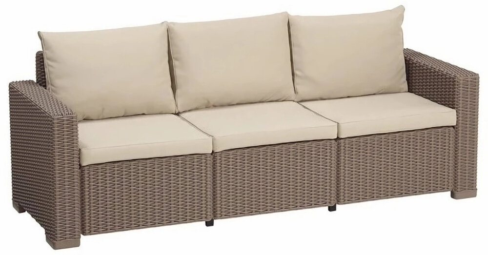 Sofa KETER California Cappucino-beżowy sofa na białym tle niewielkie rozmiary 199 x 68 x 72 cm odpoczynek na świeżym powietrzu obciążenie do 330 kg