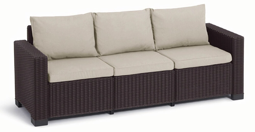 Sofa KETER California Brązowo-beżowy sofa na białym tle niewielkie rozmiary 199 x 68 x 72 cm odpoczynek na świeżym powietrzu obciążenie do 330 kg