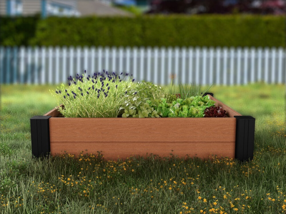 Obrzeże ogrodowe KETER Vista Modular 359 L Brązowy donica na trawie z roślinami w zestawie jedna donica wymiary 121,5 x 121,3 x 27 cm przemyślane wymiary duza przestrzeń do uprawy roślin