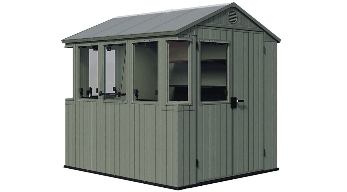 Domek narzędziowy KETER Potting Shed 6x8 190 x 243,8 x 221 cm, Dach, transparentny, uprawa roślin, światło, słońce, Domek stoi pionowo frontem lewo skos na białym tle, zamknięty.
