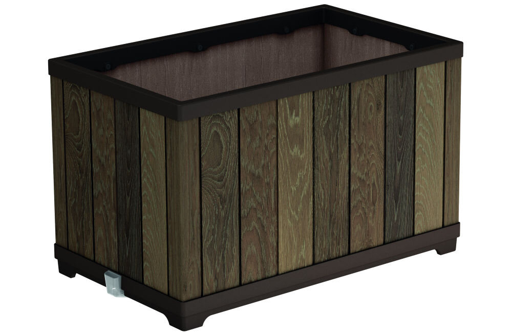 Prostokątna doniczka z imitacją drewnianych desek w odcieniach brązu i zieleni, z ciemnymi krawędziami na górze i dole.