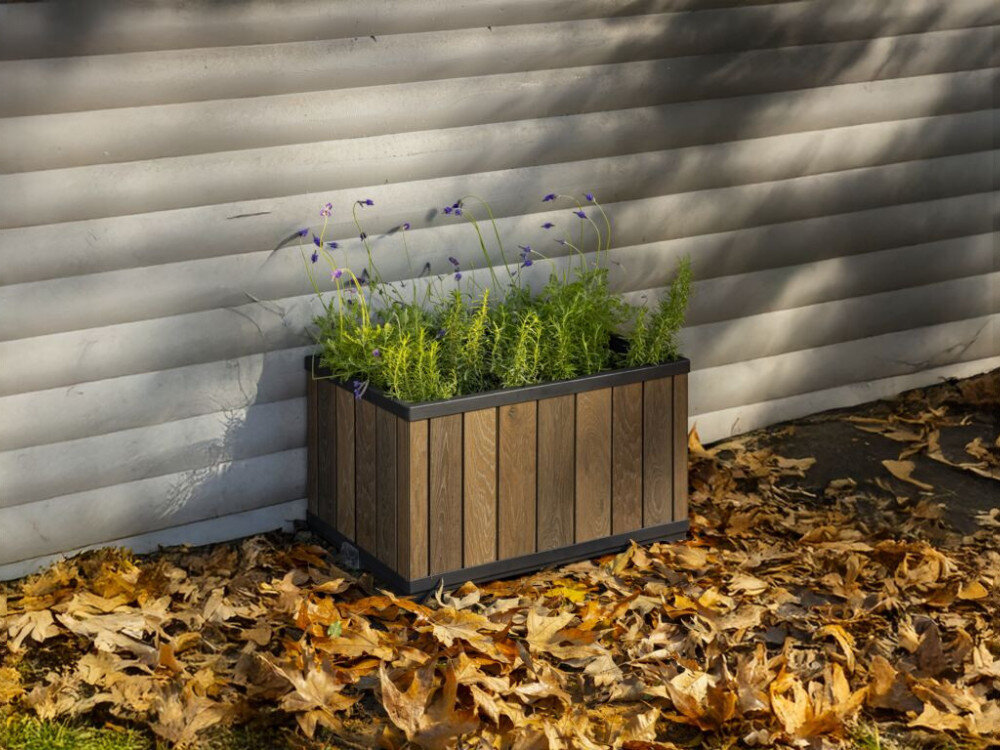 Prostokątna doniczka z drewnianymi panelami stoi na ziemi pokrytej suchymi liśćmi, przy ścianie z poziomymi panelami. W doniczce rosną zielone rośliny z fioletowymi kwiatami.