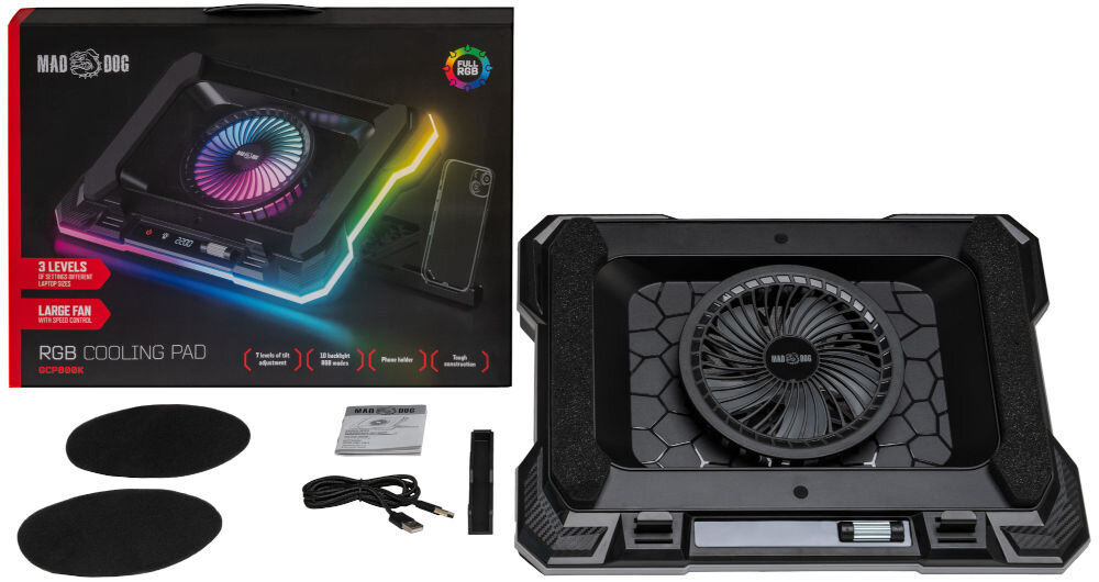 Podstawka chłodząca MAD DOG GCP800K RGB piankowe magnetyczne podkładki uchwyt na telefon kabel USB-A/USB-A instrukcja
