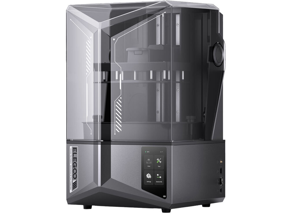 Drukarka 3D ELEGOO Saturn 4 Ultra Wi-Fi prezentacja drukarki pod kątem na białym tle przesył przez USB bezprzewodowo Wi-Fi organizacja pracy