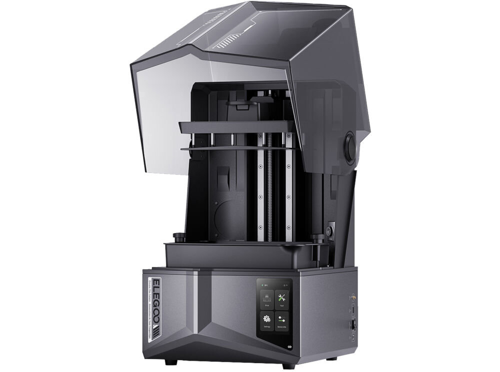 Drukarka 3D ELEGOO Saturn 4 Ultra Wi-Fi prezentacja drukarki pod kątem na białym tle z otwartą osłoną komora robocza wymiary realizacja różnorodnych projektów hobby modelarstwo