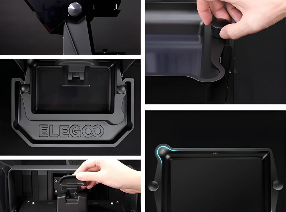 Drukarka 3D ELEGOO Saturn 4 Ultra Wi-Fi pokazanie różnych zastosowań drukarki szybkozłączka stołu podwójne wylewki zbiornika tacka ociekowa wymienny zamek zbiornika odchylana pokrywa utrzymanie porządku