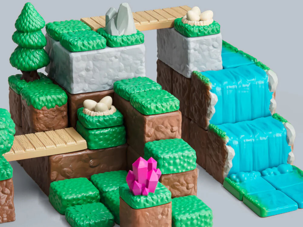 Drukarka 3D ELEGOO Mars 5 prezentacja wydrukowanej i pomalowanej konstrukcji z kwadratów trawa kamienie wodospad pomost drzewko dokładność w osiach gładkie powierzchnie wydruków zachowanie wierności